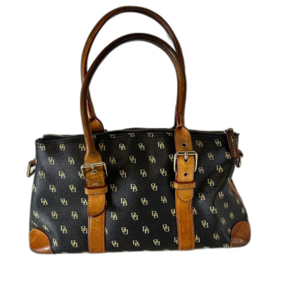 Dooney & Bourke Y2K Black and Tan Leather Monogram Domed Satchel Shoulder Bag - Picture 1 of 16